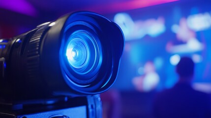 Close up of a camera lens capturing a concert or event.