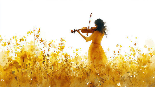 Yellow watercolor painting of a woman is playing violin on the meadow