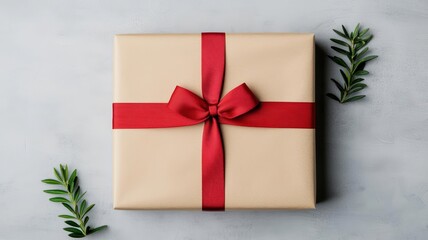 Fototapeta premium Traditional red bow tied on a gift wrapped in natural paper, classic holiday vibe, gift wrapping bow traditional, classic, festive