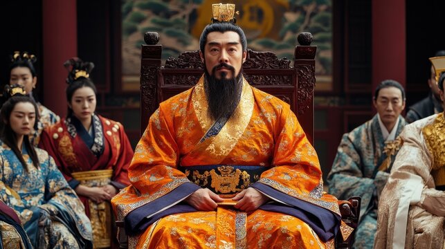 The emperor sits regally on his throne, adorned in intricate robes, with courtiers in attendance