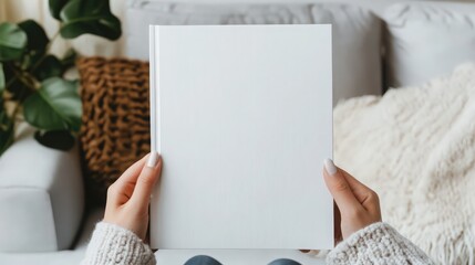 Woman's hands open empty catalog, magazines, book mockup