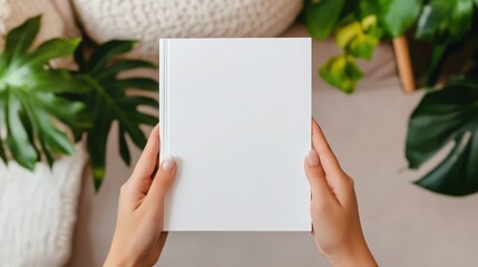 Woman's hands open empty catalog, magazines, book mockup