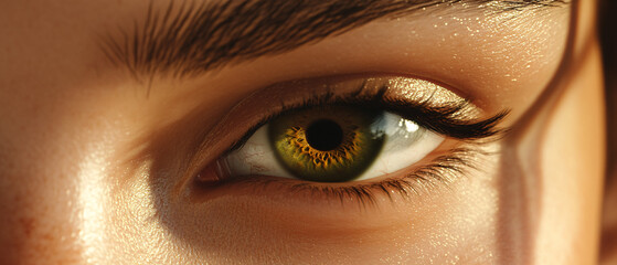 Naklejka premium Closeup of a Womans Eye with Golden Glitter Makeup and Green Iris, Closeup of a Womans Eye with Golden Glitter Makeup and Green Iri