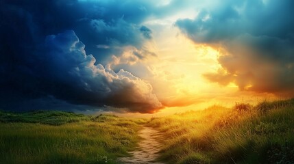 Obraz premium Beautiful sunset casting warm light over a meadow with colorful clouds in the sky