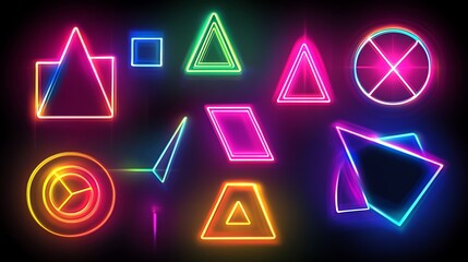 Neon geometric shapes including squares triangles and circles in a colorful abstract vector illustration