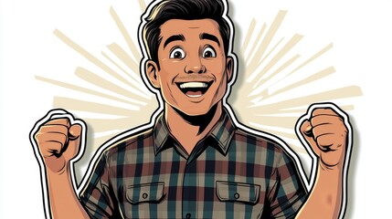 Excited young male with dark hair celebrating success in a plaid shirt, capturing pure joy and enthusiasm.