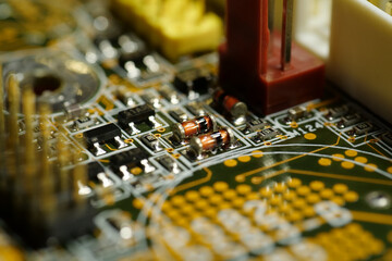 Computer microcircuit with electronic components, chips, resistors, connections