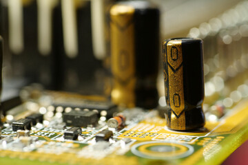 Computer microcircuit with electronic components, chips, resistors, connections