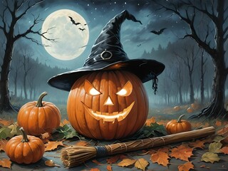 wallpaper representing Hallowen. A pumpkin with a witch's hat on top.