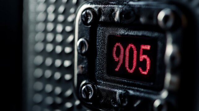Closeup of a red digital display showing the number 905 on a black, industrial background.