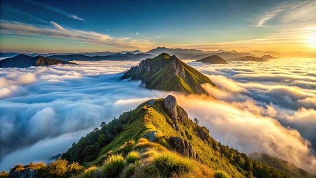 Foggy morning landscape with mountain top covered in mist