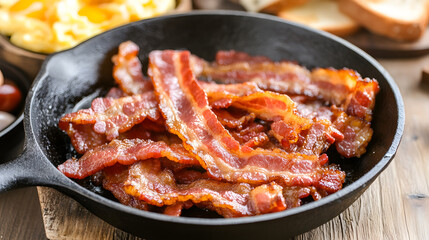 A cast-iron skillet filled with crispy bacon strips.