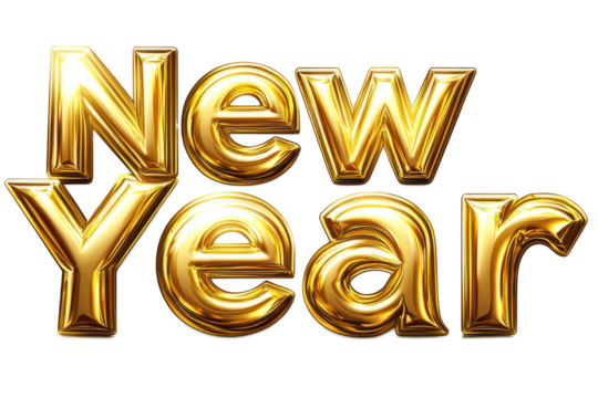 The New Year text in shiny, reflective gold material with a glossy finish on a clean white background.