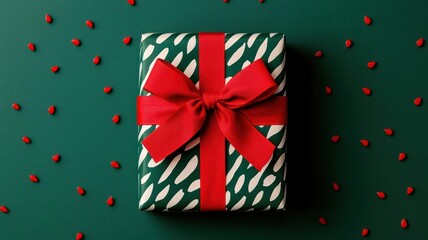 Obraz premium Holiday-themed gift with an oversized festive bow, vibrant colors and holiday patterns, gift wrapping bow holiday, festive, joyful