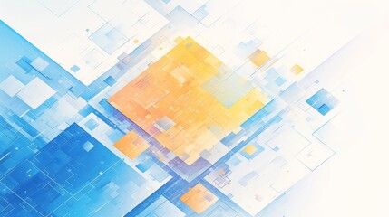 Abstract digital art with geometric shapes in blue and yellow tones, creating a sense of depth and movement.