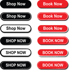 Fototapeta premium Book now buttons. Call for action buttons. Shop now button for online shopping. Modern colorful buttons for website design. Vector illustration.