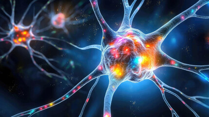 Close-up of Isolated Neuron Cell: Glowing Parts, Symbolizing Mind's Activity.
