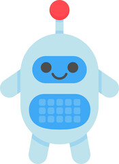 Illustration of a cute, smiling blue robot with a red antenna and button interface.

