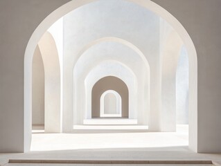 A long hallway with arched openings. The arches are white and the hallway is empty. There is a large archway in the middle of the hallway