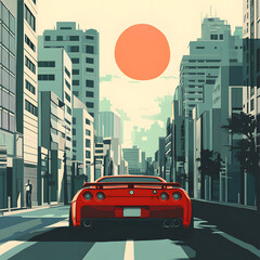 Obraz premium poster a nice car going in a city, art in middle, cool, type beat cover art, flat colored, background 
