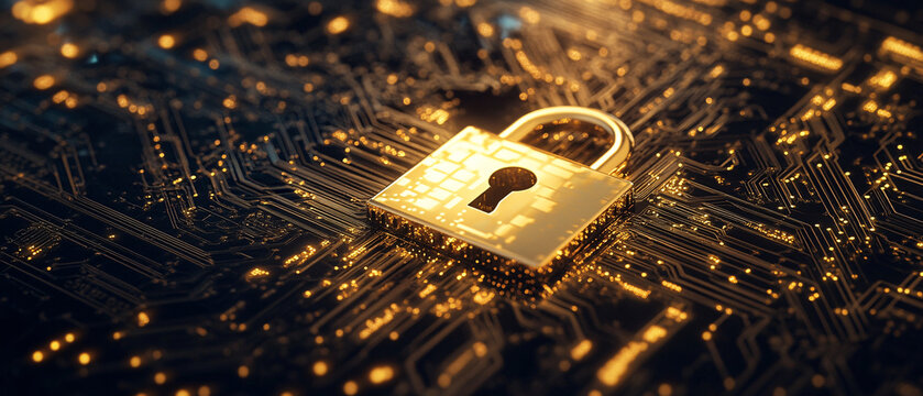 Golden Padlock on Circuit Board  Digital Security Concept