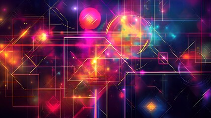 Obraz premium Abstract neon geometric shapes arranged in bright squares triangles and circles