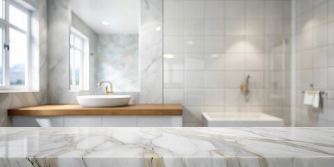Forced perspective blurry tiled wall bathroom background with empty white marble tabletop