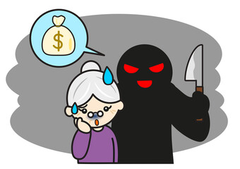 お婆さんを脅してお金を要求する犯罪者