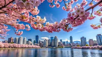 Obraz premium Forced perspective cherry blossoms in Vancouver with blue sky background in spring