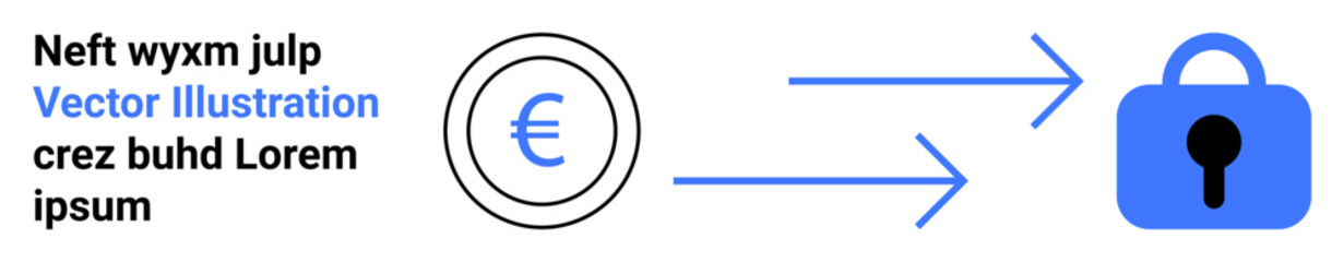 Euro symbol in a circle with arrows pointing to a blue lock icon representing security. Ideal for finance, online transactions, digital security, banking, cryptocurrency. Banner for landing page