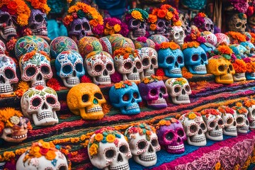 Colorful sugar skulls in a vibrant market stall surrounded by traditional da de muertos decoration, Ai Generated