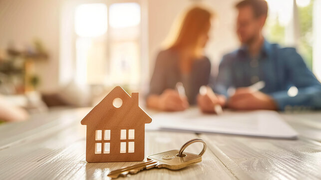 Keyring in shape of a house and key on the table close up. Couple of happy young clients signing mortgage agreement in bank office. Concept of home loan, real estate and buying own property