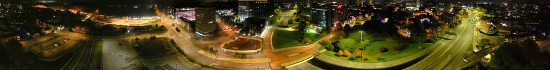 Aerial Panoramic View of Illuminated Historical Central Coventry City of England UK