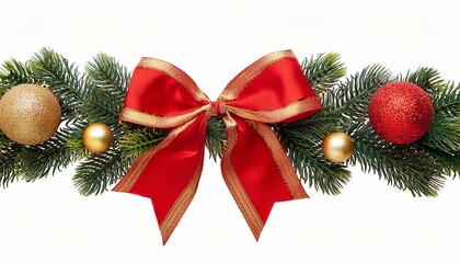 Obraz premium 赤色と金色のオーナメントで飾られたクリスマスツリーの枝のボーダーガーランド（red & gold ornament Christmas tree branches border garland） 