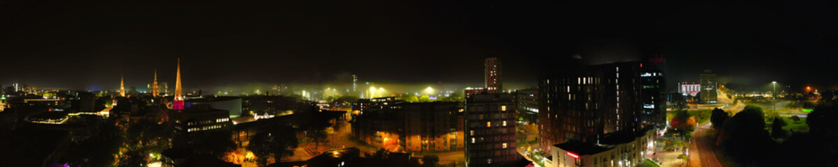 Aerial Panoramic View of Illuminated Historical Central Coventry City of England UK