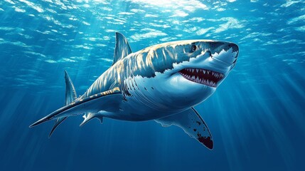 Fototapeta premium A majestic great white shark glides through clear blue waters, showcasing its powerful presence and sharp teeth.