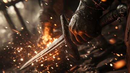 Viking blacksmith forges weapons, sparks flying, showcasing ancient metalworking skills