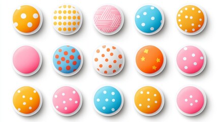 Colorful, patterned round buttons in various hues, including pink, blue, yellow, and orange, arranged neatly.