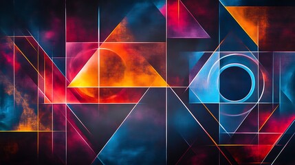 Abstract background featuring neon geometric shapes forming squares triangles and circles