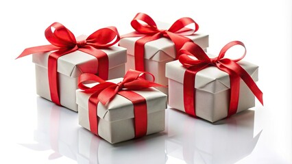 Fototapeta premium Forced perspective gifts with red ribbons isolated on white background