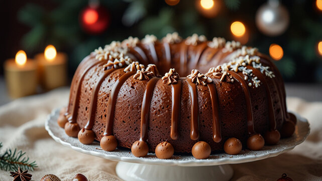 
Christmas  decorated chocolate bundt on the cake stand, winter holidays treat.