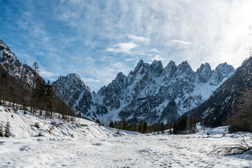 Fototapeta premium Gleris Valley. Winter in a wild valley in the Alps. Friulian Carnic Alps