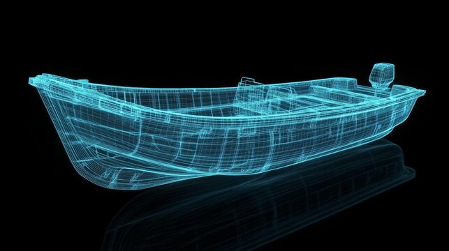Wireframe 3D model of a small boat with an outboard motor on a black background.