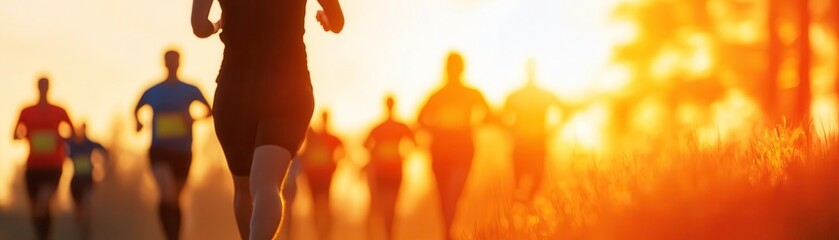 Runners competing at sunset, dynamic motion and blurred background.