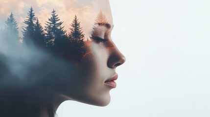A serene double exposure of a woman's profile blended with a forest landscape, embodying harmony between nature and humanity.