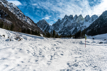 Gleris Valley. Winter in a wild valley in the Alps. Friulian Carnic Alps