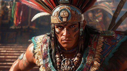 Obraz premium An Aztec warrior stands firm, adorned with feathers and jewelry, gripping his macuahuitl