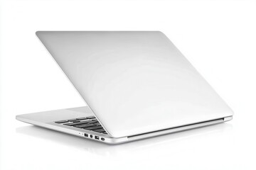 Silver laptop with a sleek design, white isolated background.