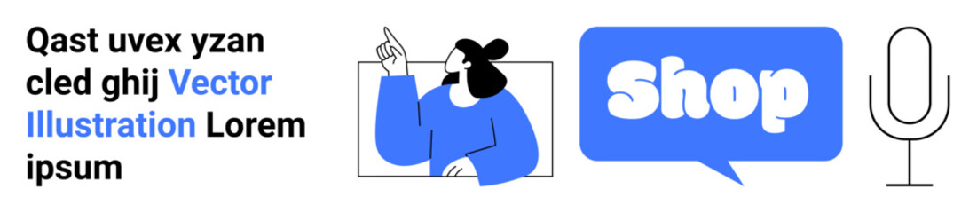 Person pointing at a screen, a blue speech bubble with the word Shop, and a black microphone drawing. Ideal for e-commerce, online shopping, customer service, retail themes, and digital