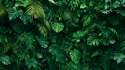 Fototapeta premium A lush green background with flat design leaves and plants, arranged symmetrically in various shades of green, creating a fresh and natural look